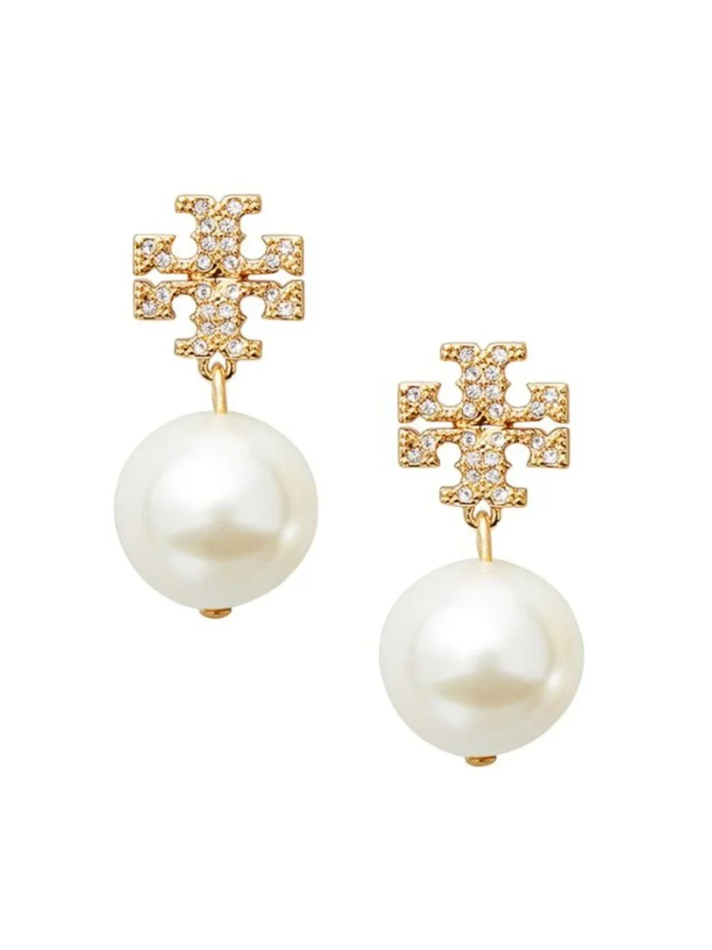 Tory Burch Logo Pearl Drop Earrings Gold Tone Statement Earrings